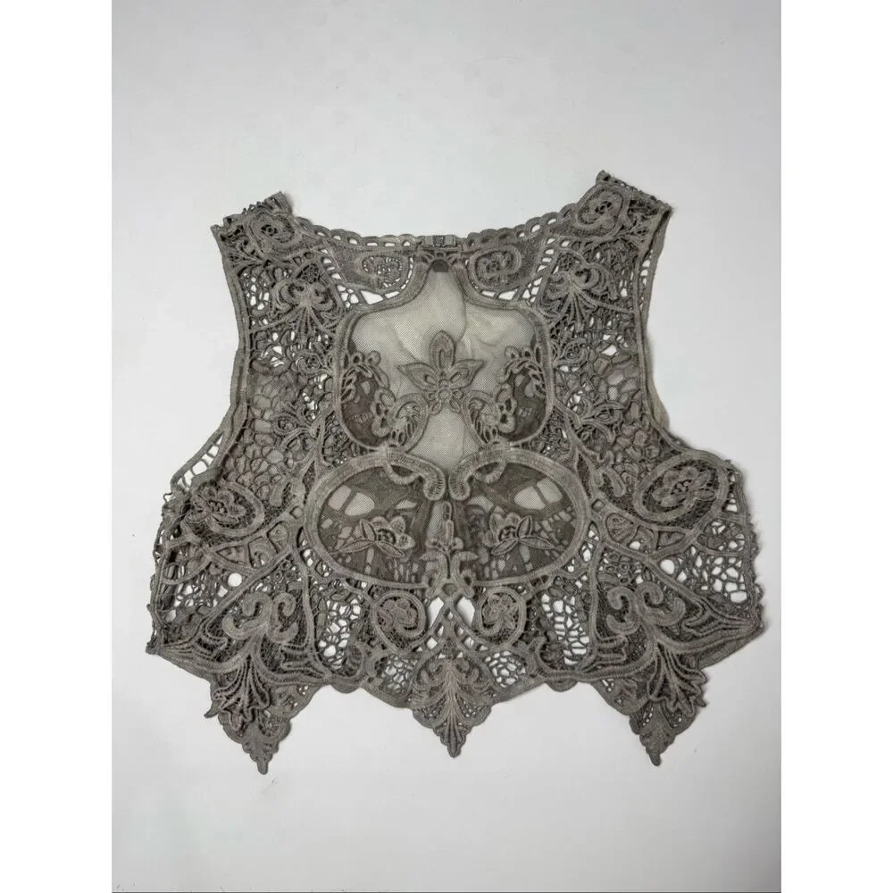 NILE Lace Crochet Vest Gray Boho Sheer Embroidered Tie Front Sz S Made in Italy